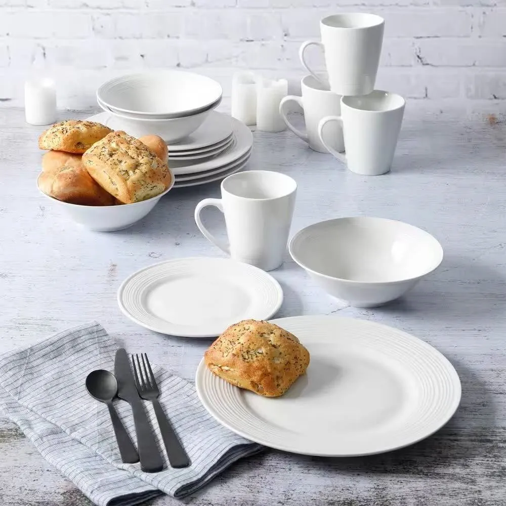 16-Piece White Ceramic Dinnerware Set with Bowls, Plates, and Mugs - Noble Court
