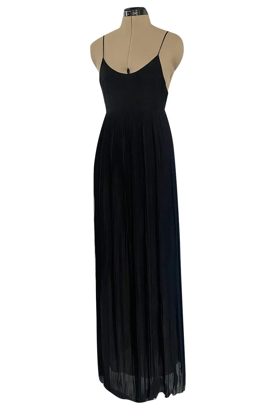 1970s Chloe by Karl Lagerfeld Black Silk Chiffon Tiny Knife Pleated Empire Bodice Dress