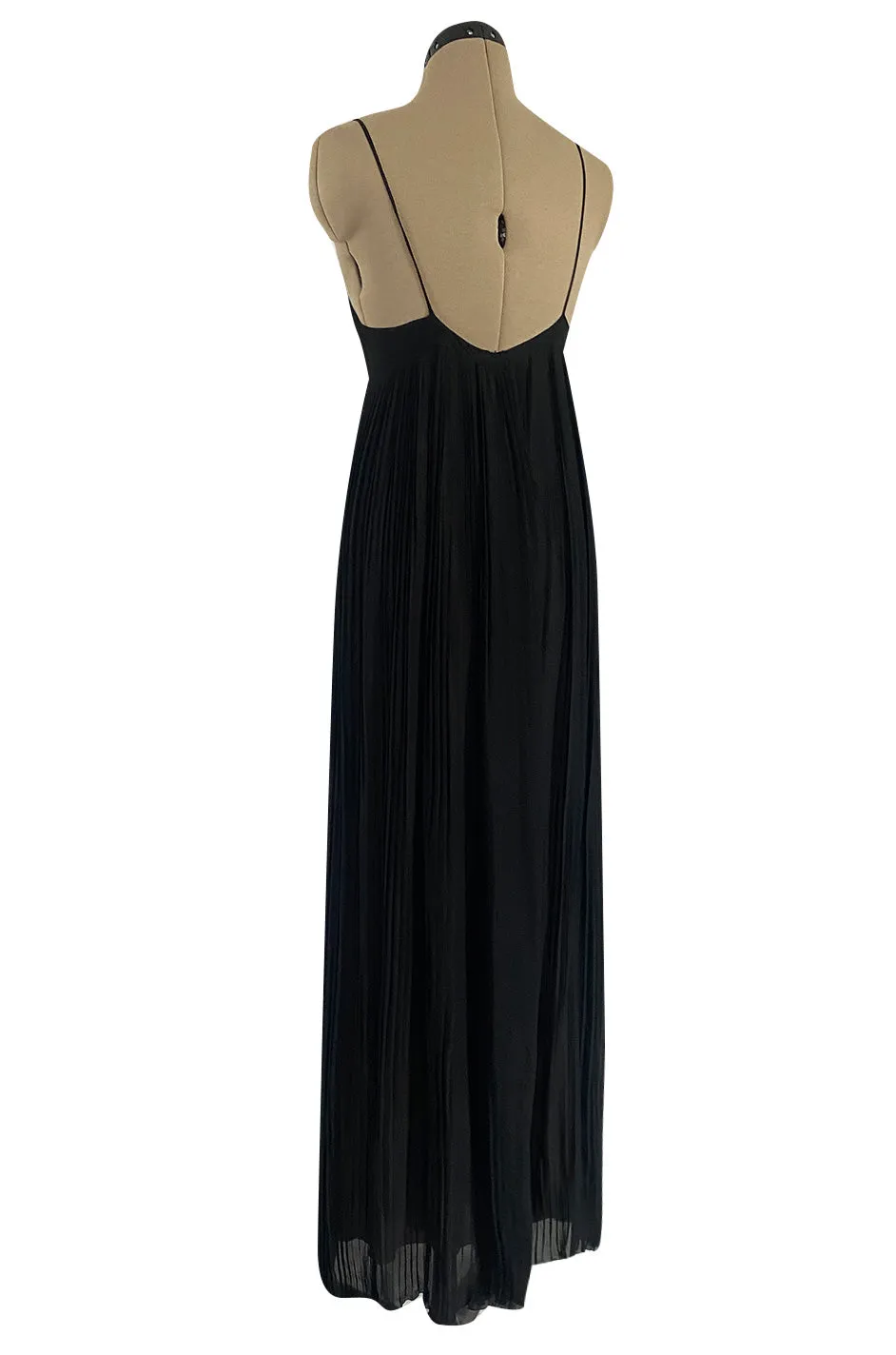 1970s Chloe by Karl Lagerfeld Black Silk Chiffon Tiny Knife Pleated Empire Bodice Dress