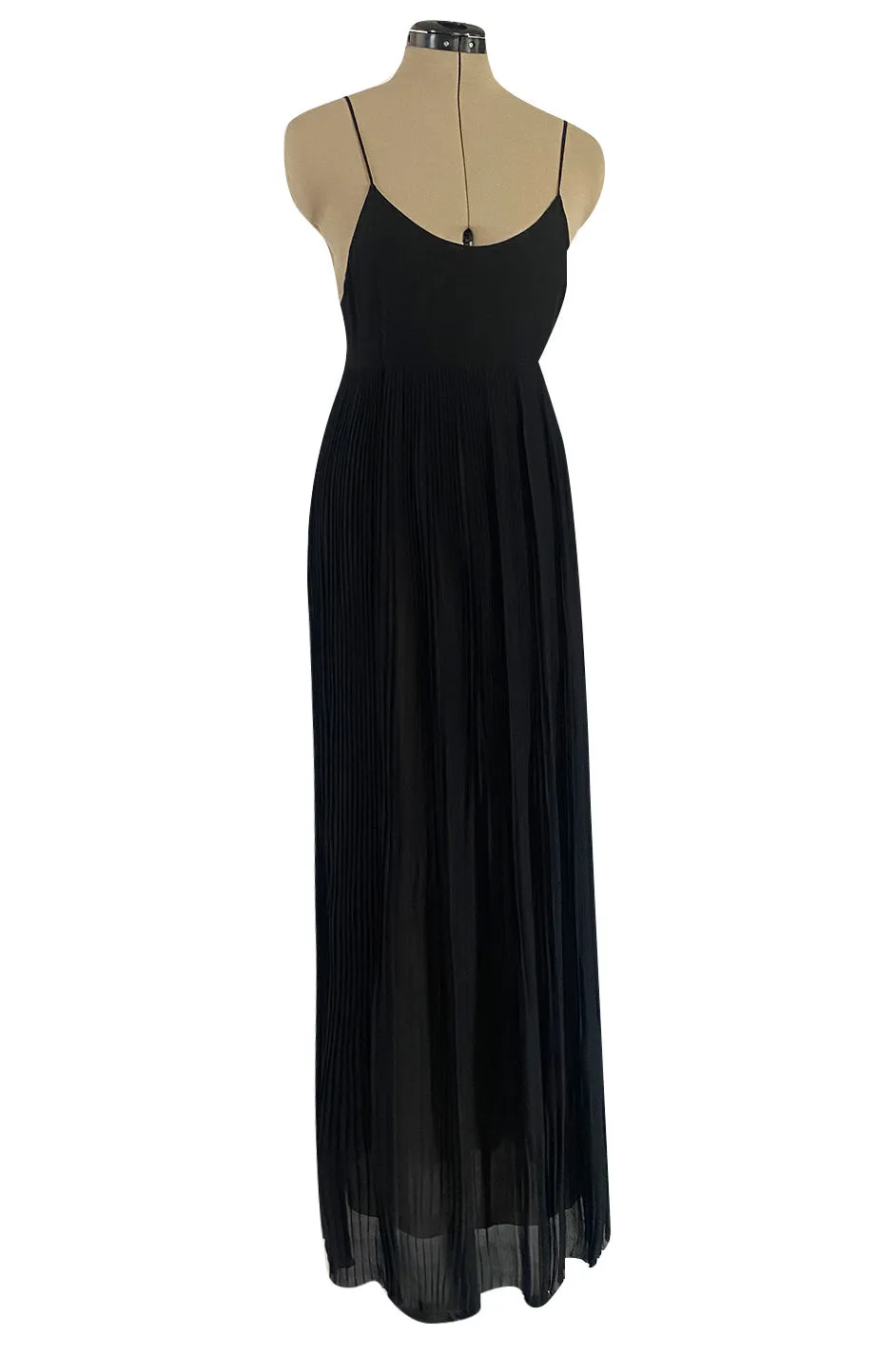 1970s Chloe by Karl Lagerfeld Black Silk Chiffon Tiny Knife Pleated Empire Bodice Dress