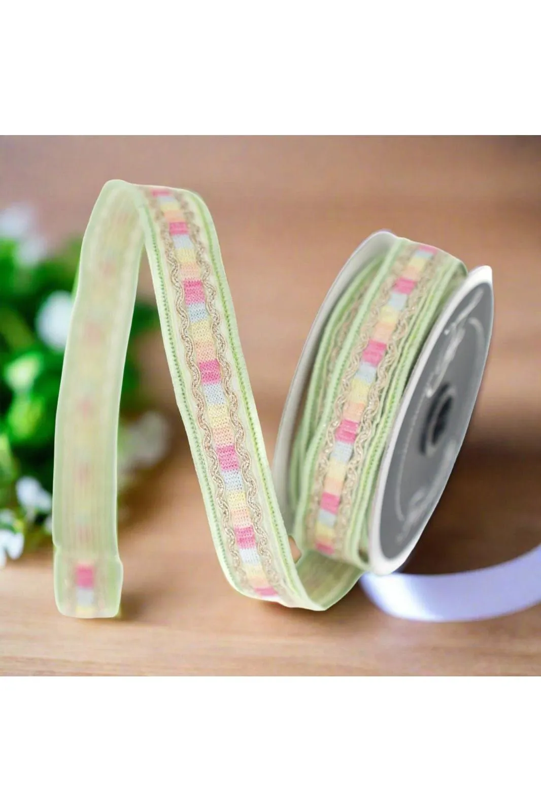 1" Pastel Border Ribbon: Green (10 Yards)
