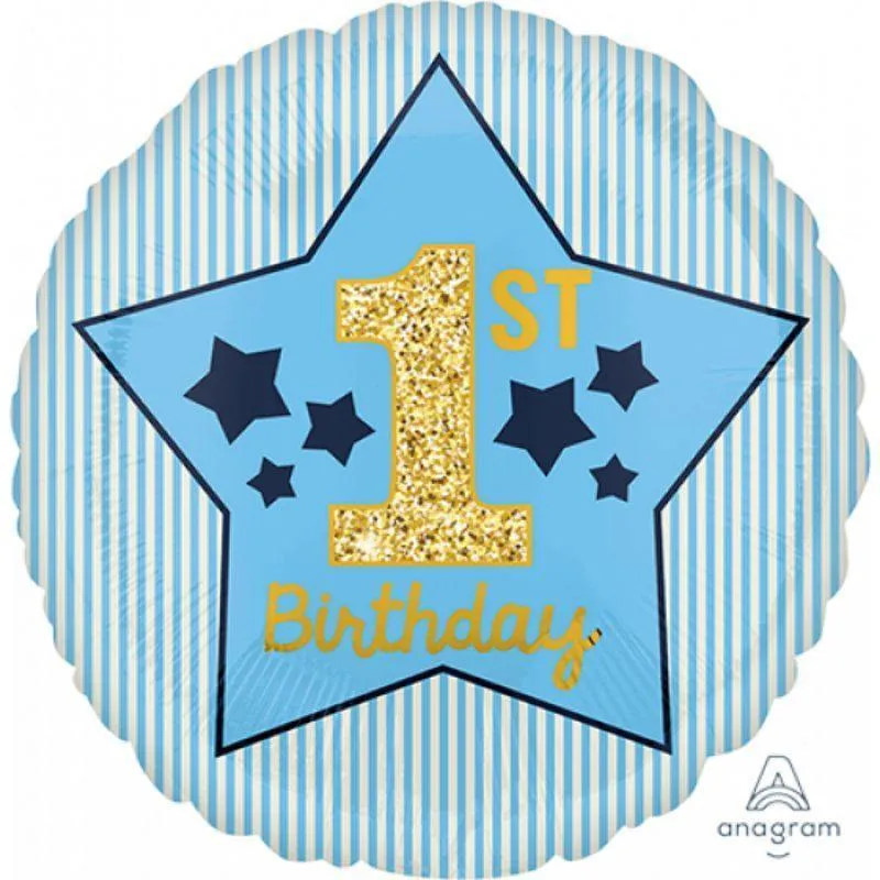 1st Birthday Blue & Gold Boy Foil Balloon - 45cm
