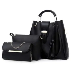 3 Pieces Tassel Tote Bag Set - Black