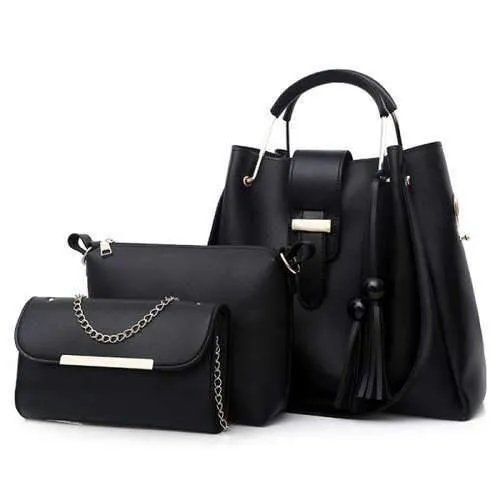3 Pieces Tassel Tote Bag Set - Black