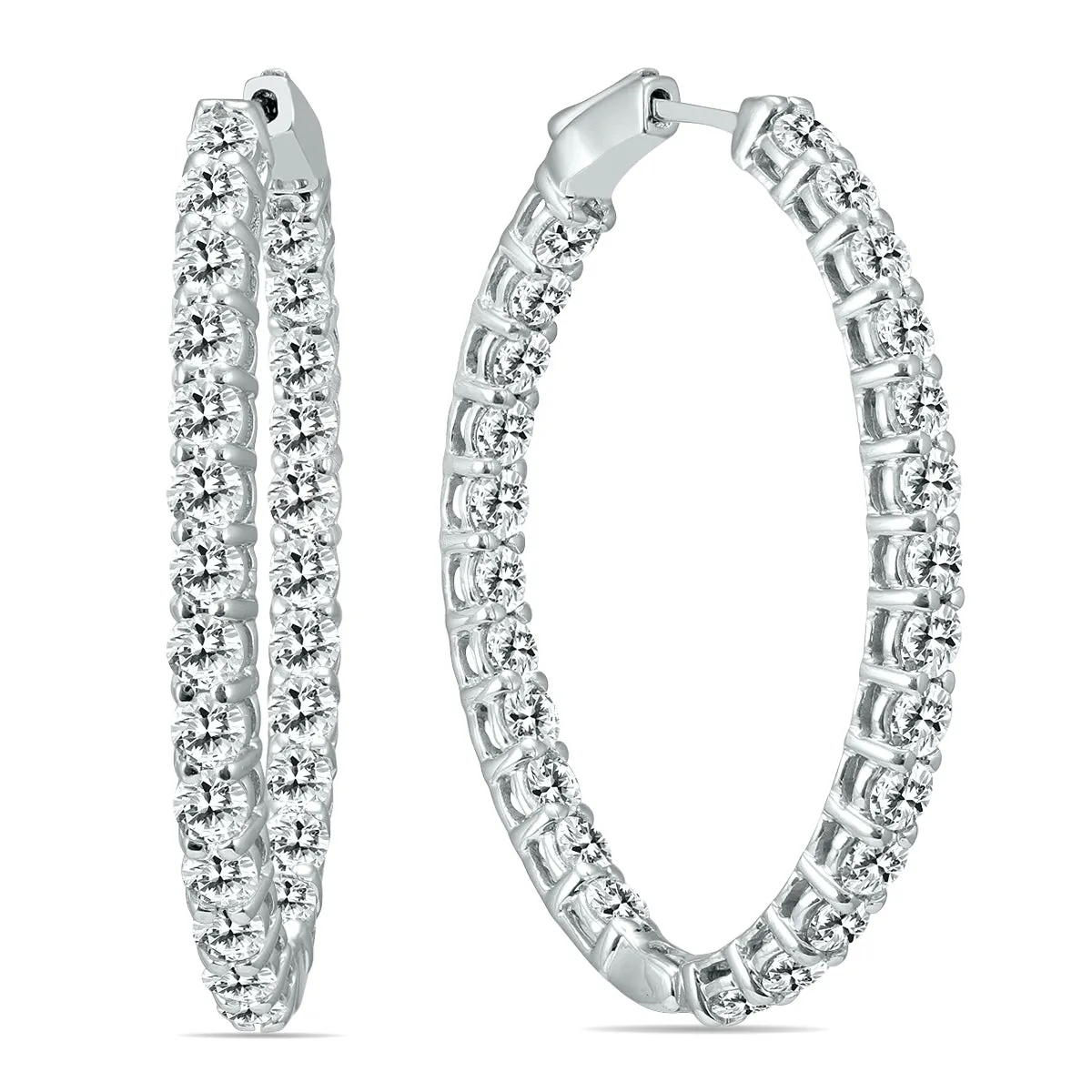 5 Ctw Oval Natural Diamond Hoop Earrings With Push Button Locks In 14K White Gold