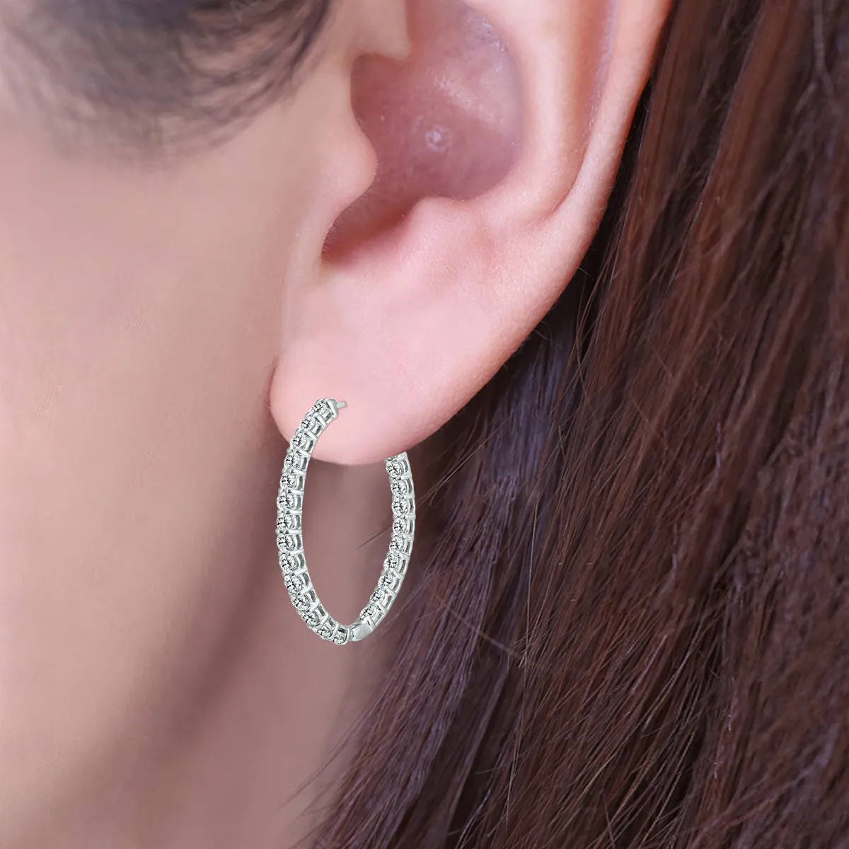 5 Ctw Oval Natural Diamond Hoop Earrings With Push Button Locks In 14K White Gold