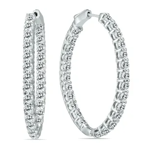 5 Ctw Oval Natural Diamond Hoop Earrings With Push Button Locks In 14K White Gold