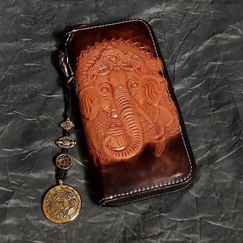 Badass Black Leather Men's Long Biker Handmade Wallet Ganesha Tooled Zipper Chain Long Wallets For Men