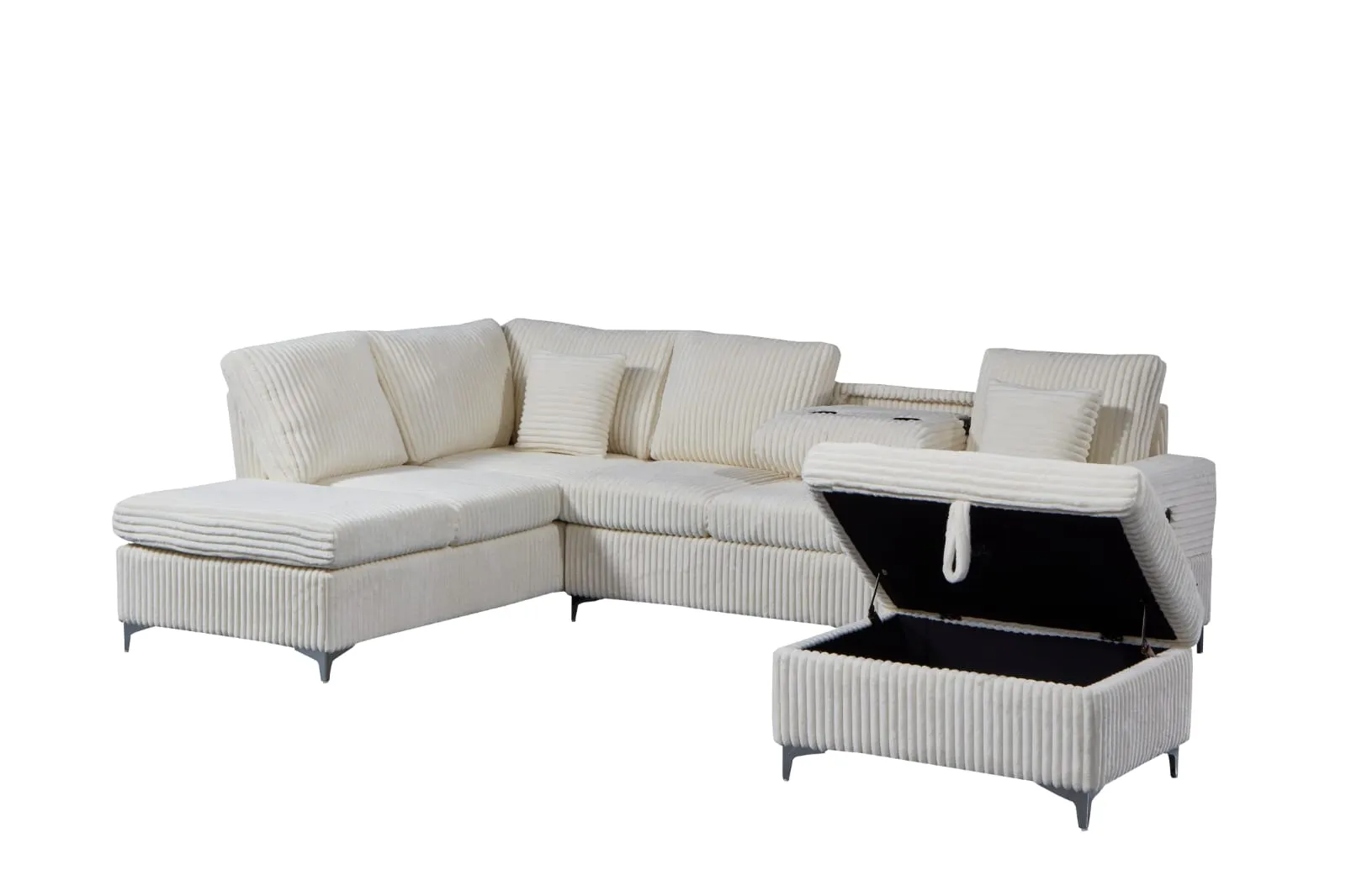 Beige Velvet Sectional With Storage Ottoman- Model #2620