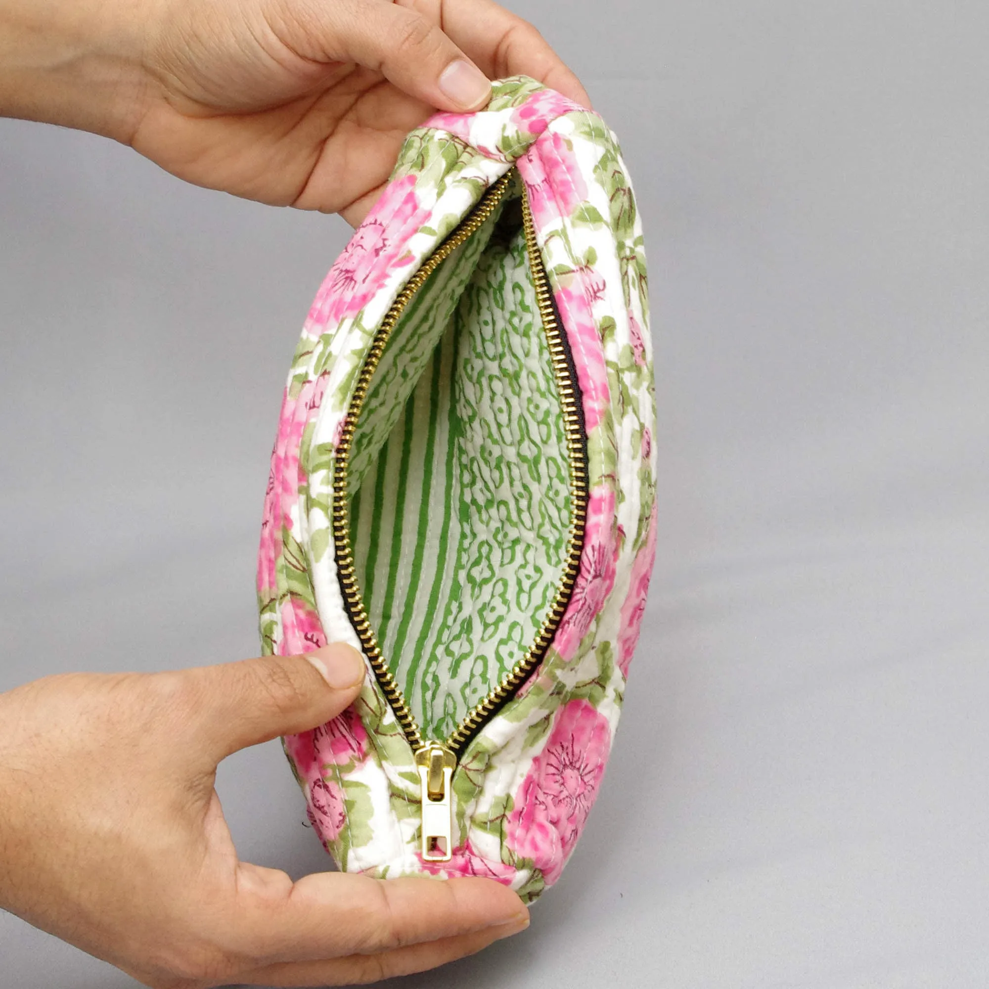 Block Print Makeup Pouch or Pencil Case- Pink Floral