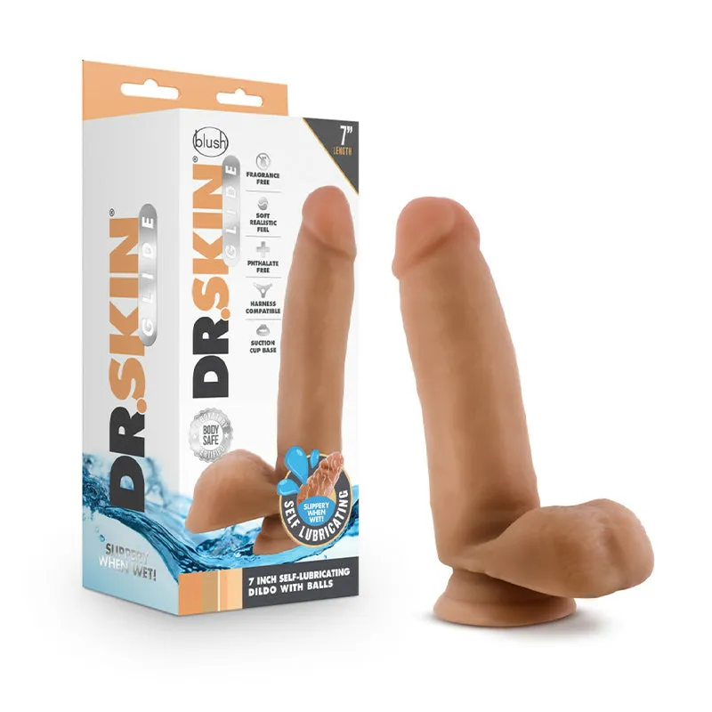 Blush Dr. Skin Glide Realistic 7 in. Self-Lubricating Dildo with Balls & Suction Cup Tan