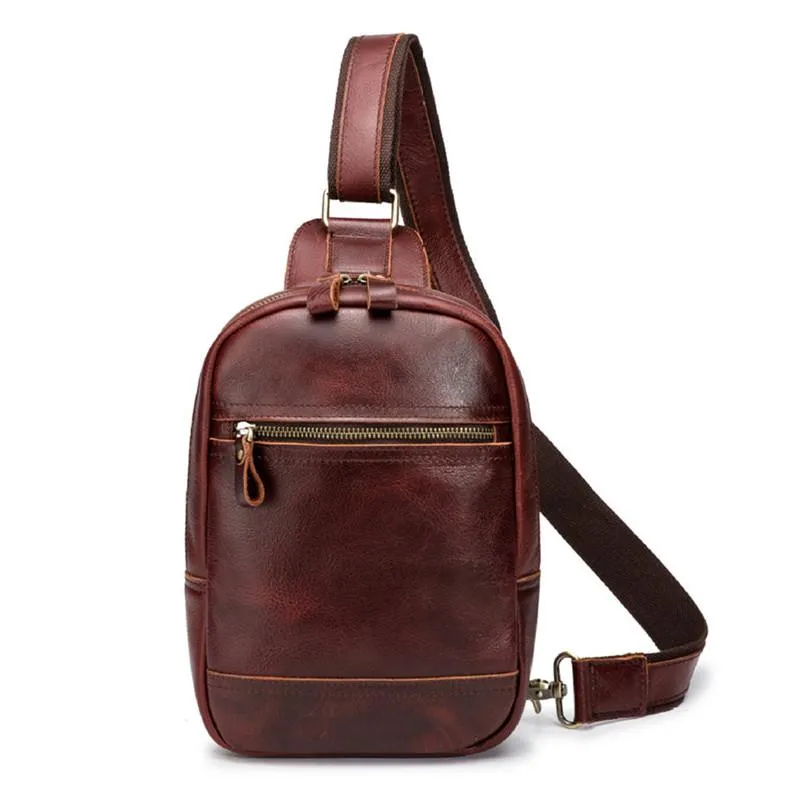 Brown Leather Men's Sling Bag Red Brown Chest Bag 8 inches One Shoulder Backpack For Men