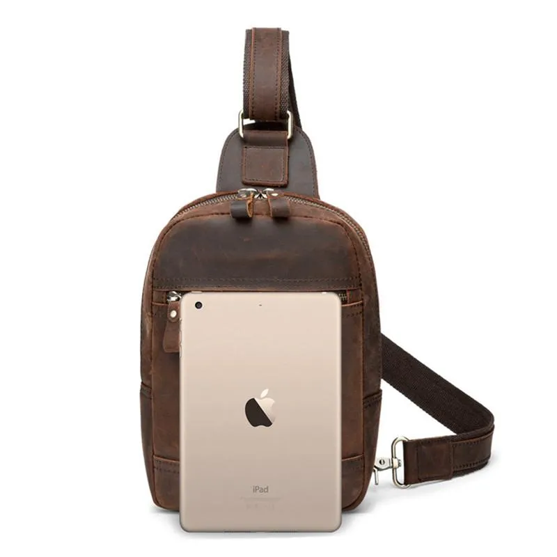 Brown Leather Men's Sling Bag Red Brown Chest Bag 8 inches One Shoulder Backpack For Men