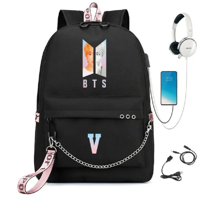BTS BTS school bag USB charging backpack outdoor sports personalized student school bag-9