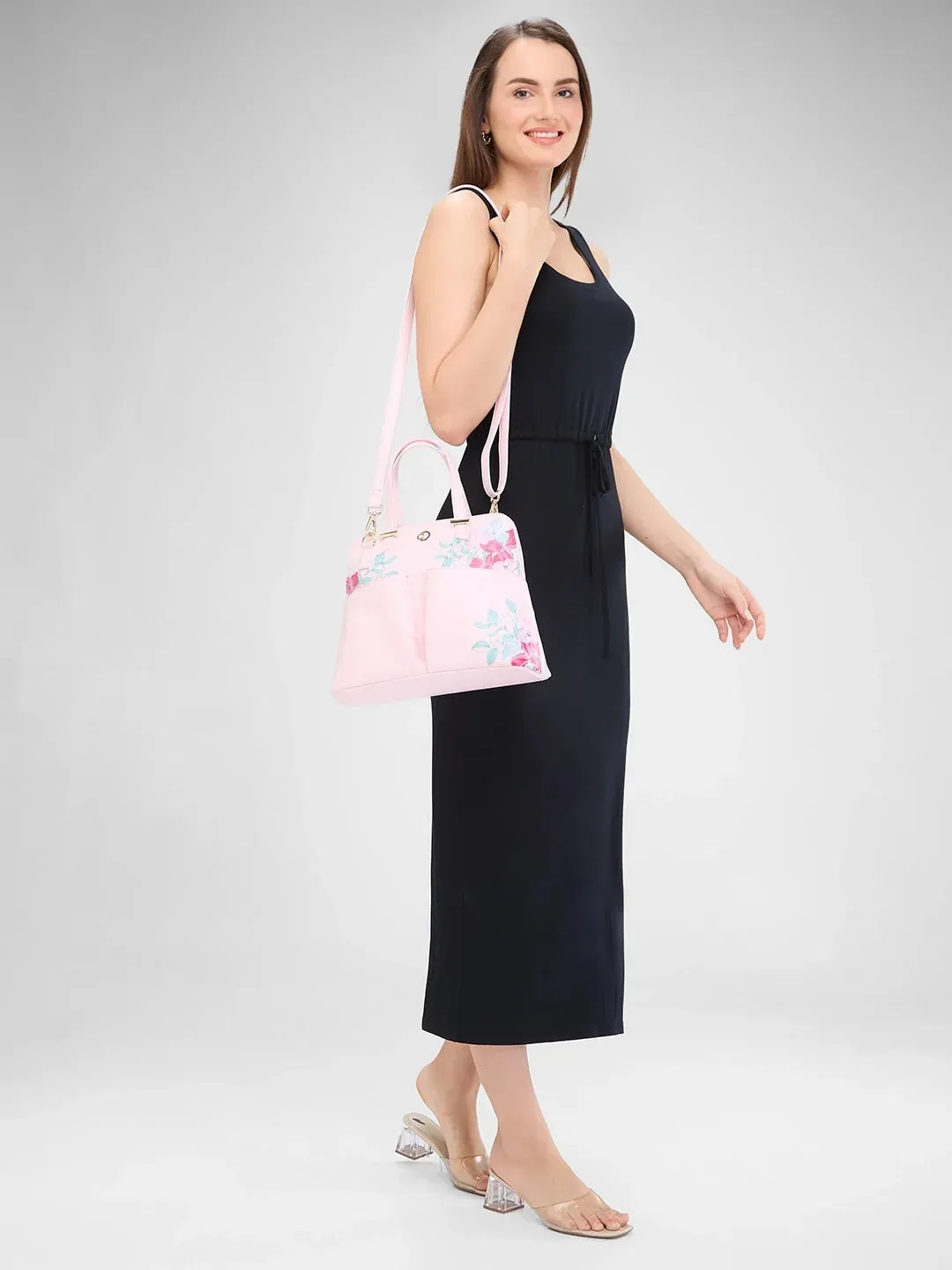 Caprese Shanaya Satchel Medium Pink Printed Women'S Handbag Pink
