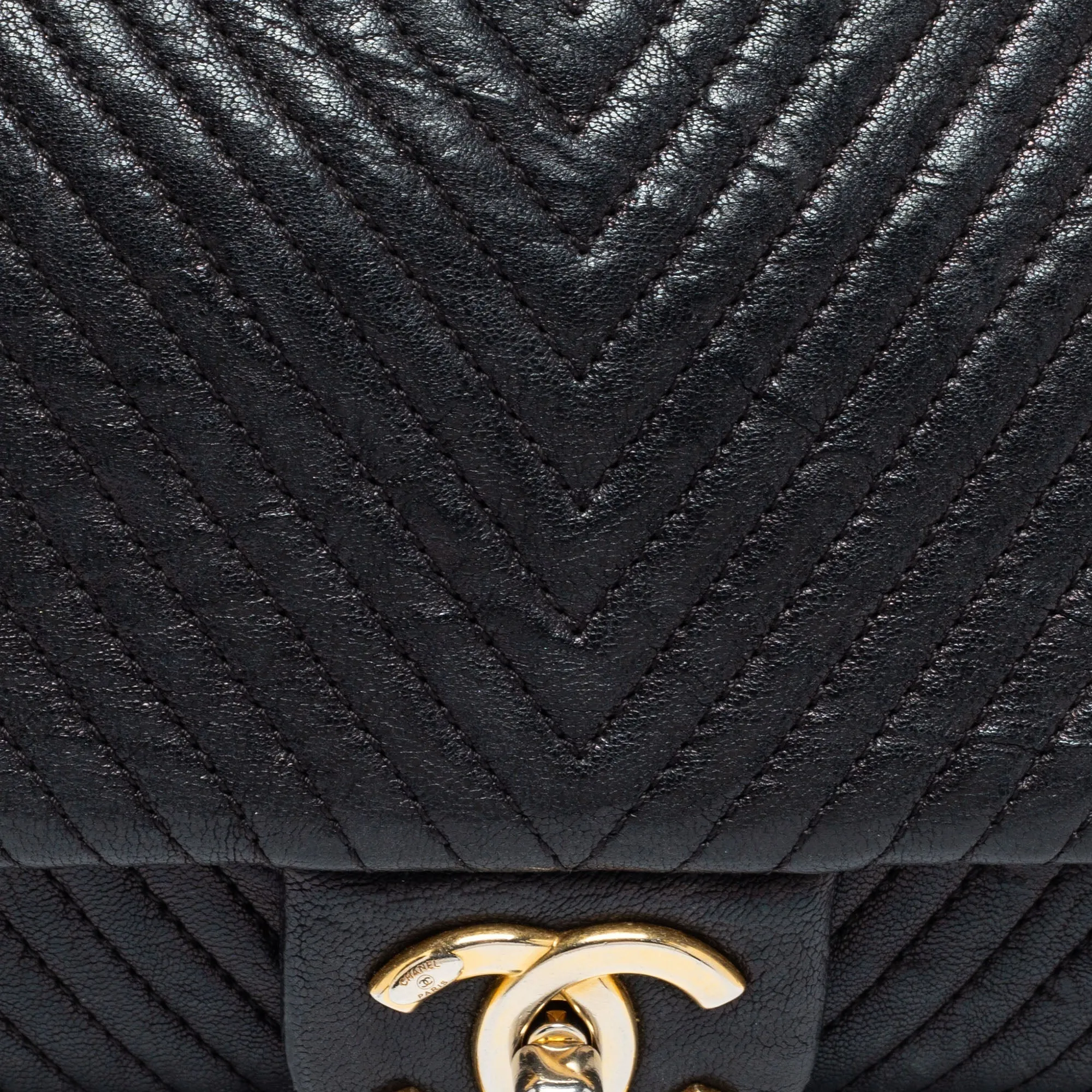 Chanel Black Surpique Chevron Leather Medium Flap Bag