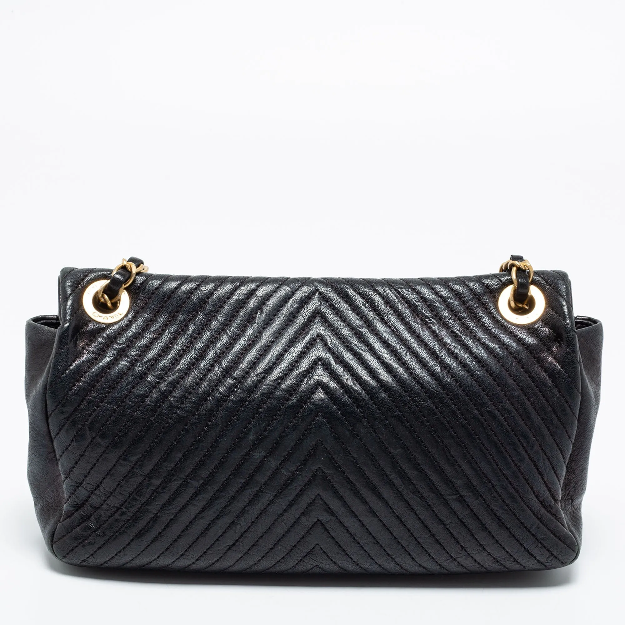 Chanel Black Surpique Chevron Leather Medium Flap Bag