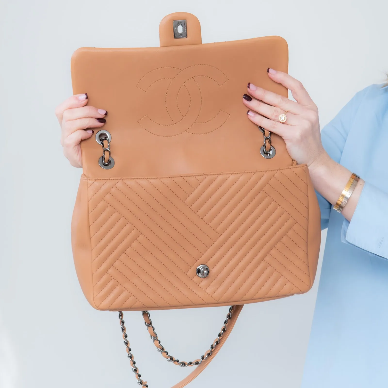 Chanel Chevron Tan Leather Flap Bag