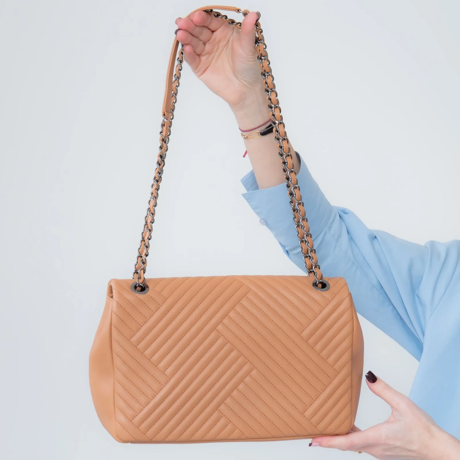 Chanel Chevron Tan Leather Flap Bag