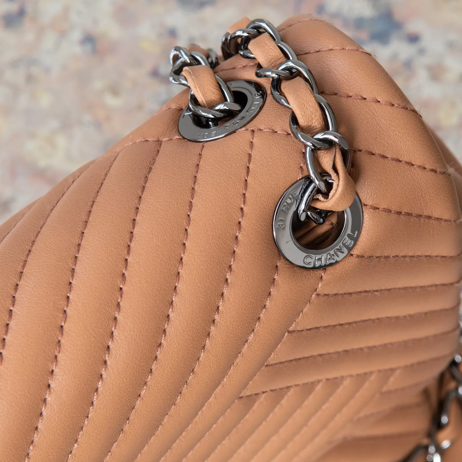 Chanel Chevron Tan Leather Flap Bag
