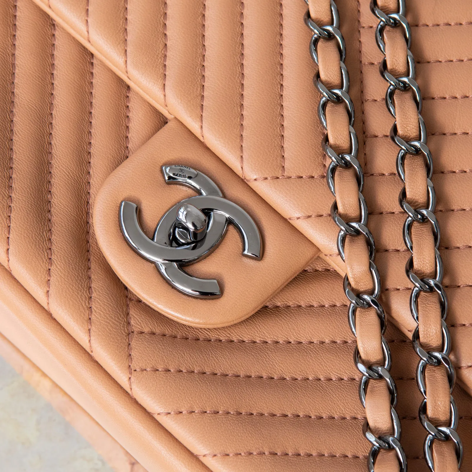 Chanel Chevron Tan Leather Flap Bag