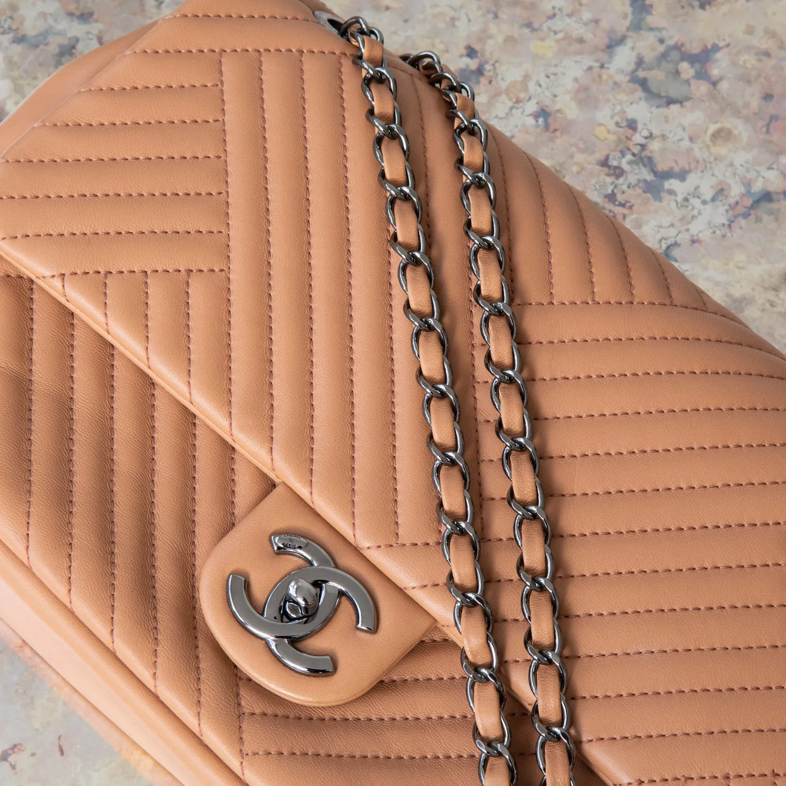 Chanel Chevron Tan Leather Flap Bag