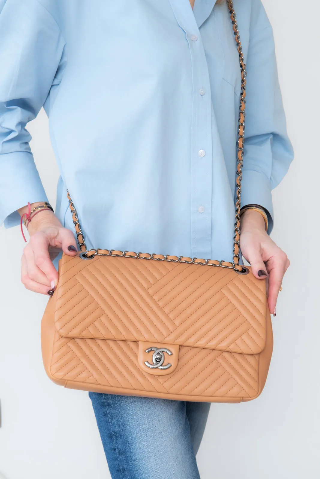 Chanel Chevron Tan Leather Flap Bag