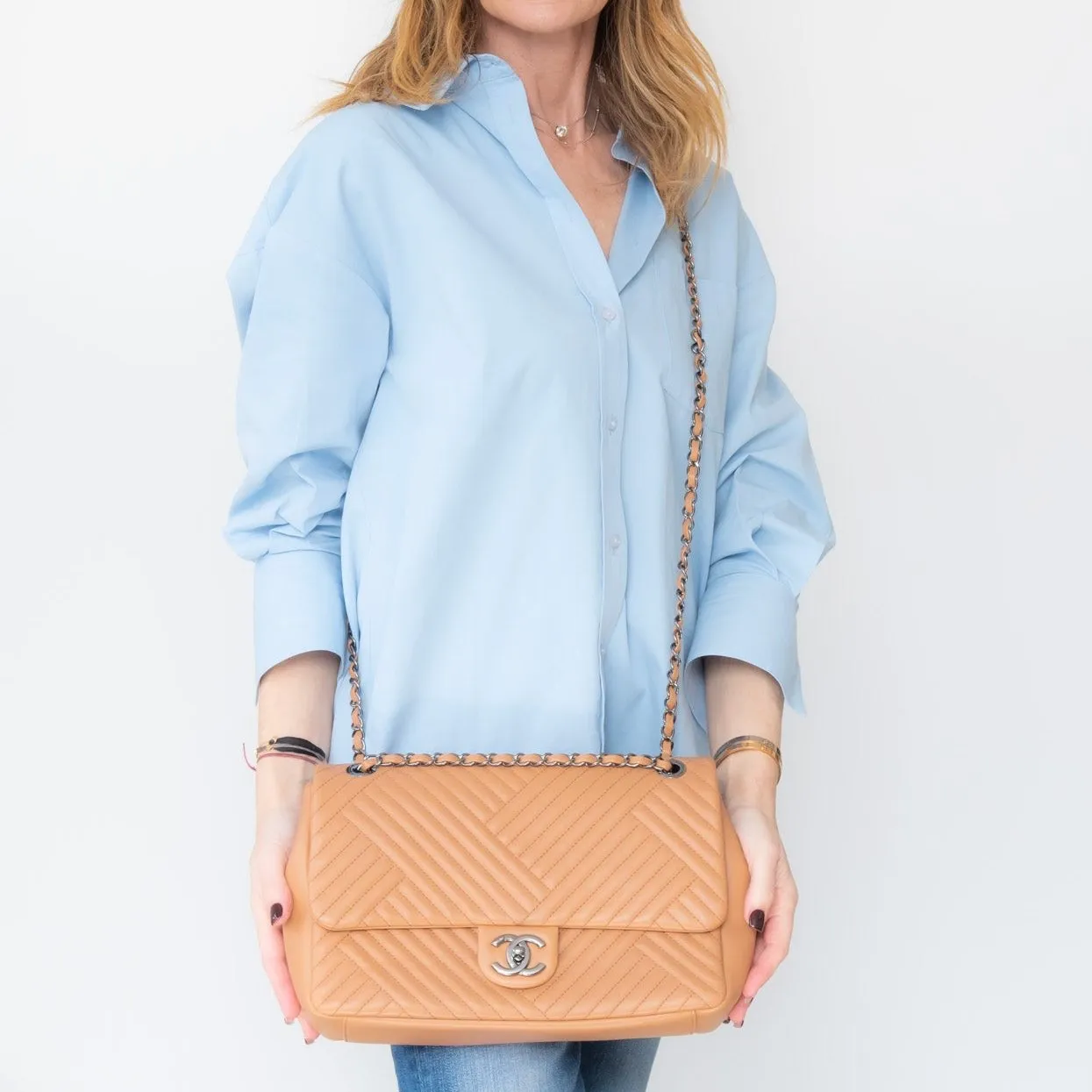 Chanel Chevron Tan Leather Flap Bag