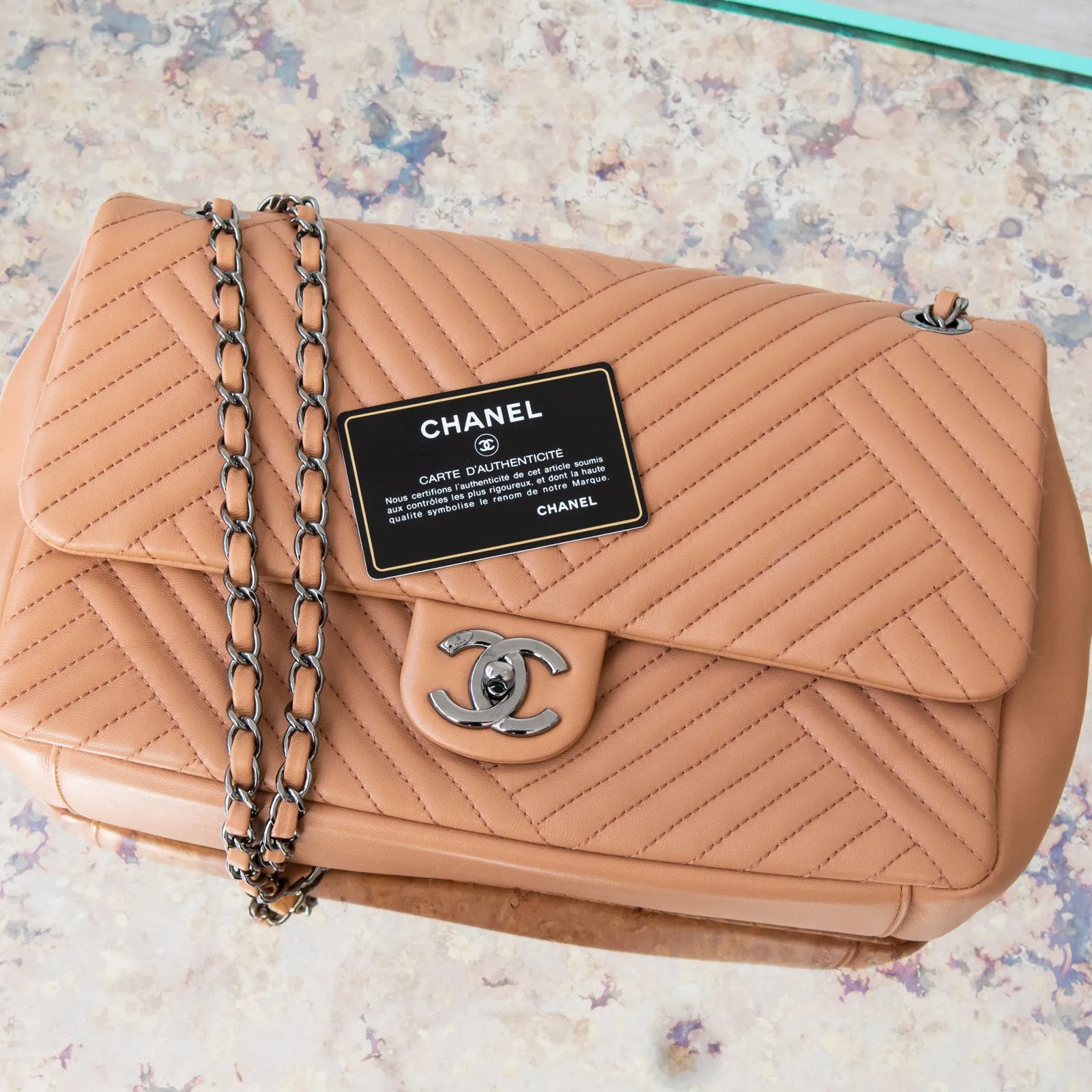 Chanel Chevron Tan Leather Flap Bag