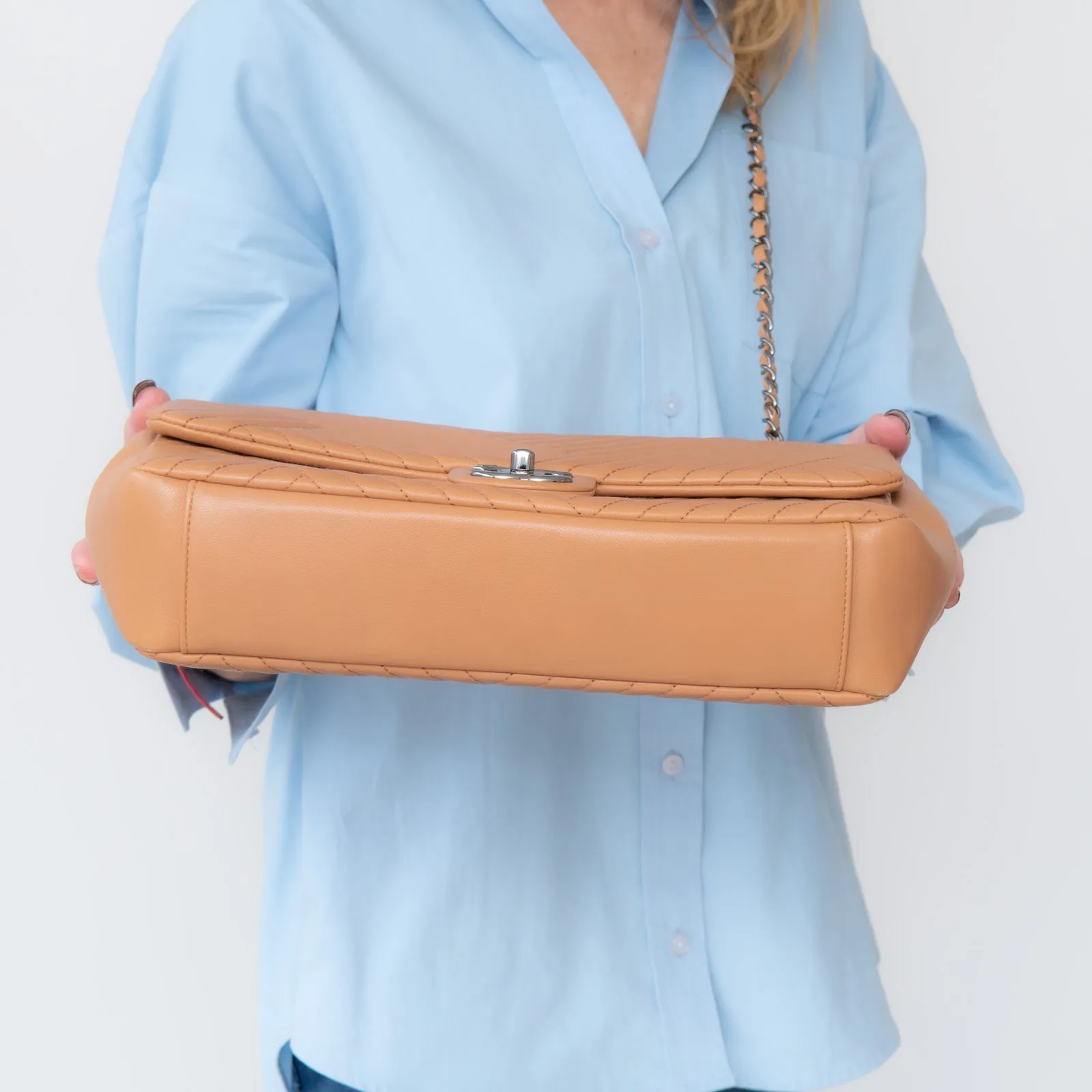 Chanel Chevron Tan Leather Flap Bag