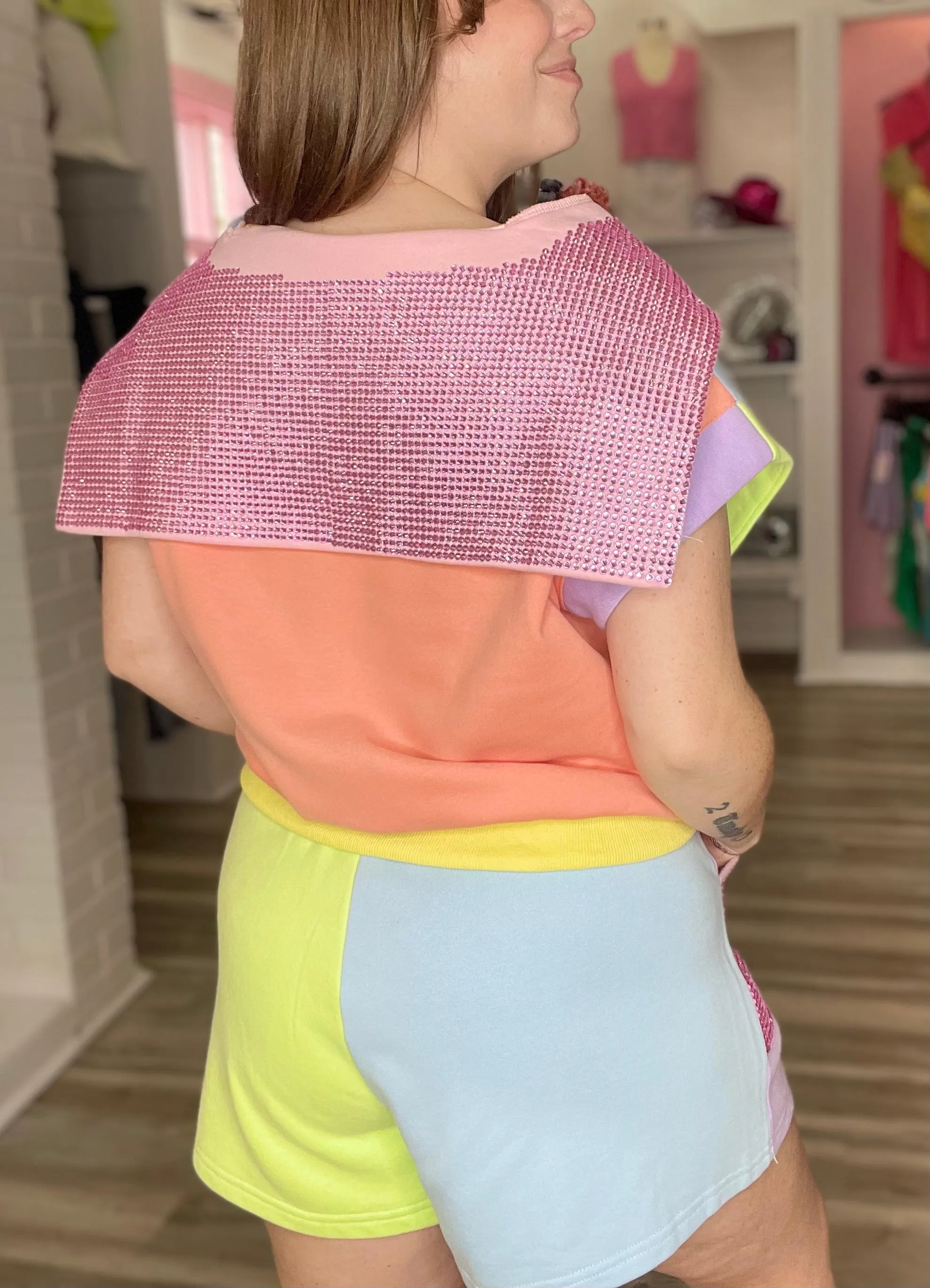 Colorblock Rhinestone Collar Top Pastel Queen of Sparkles