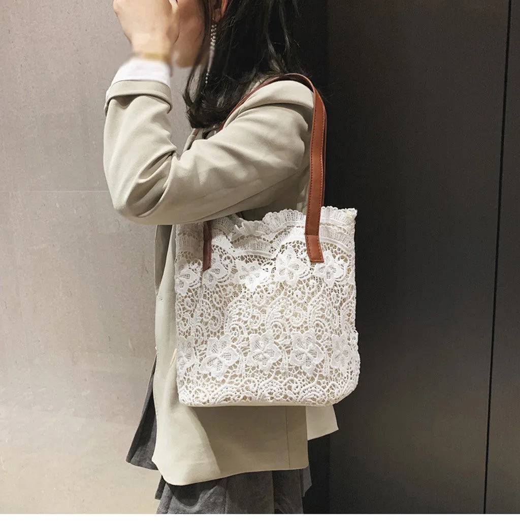 Crochet Lace Shoulder Tote Bag |2 colors|