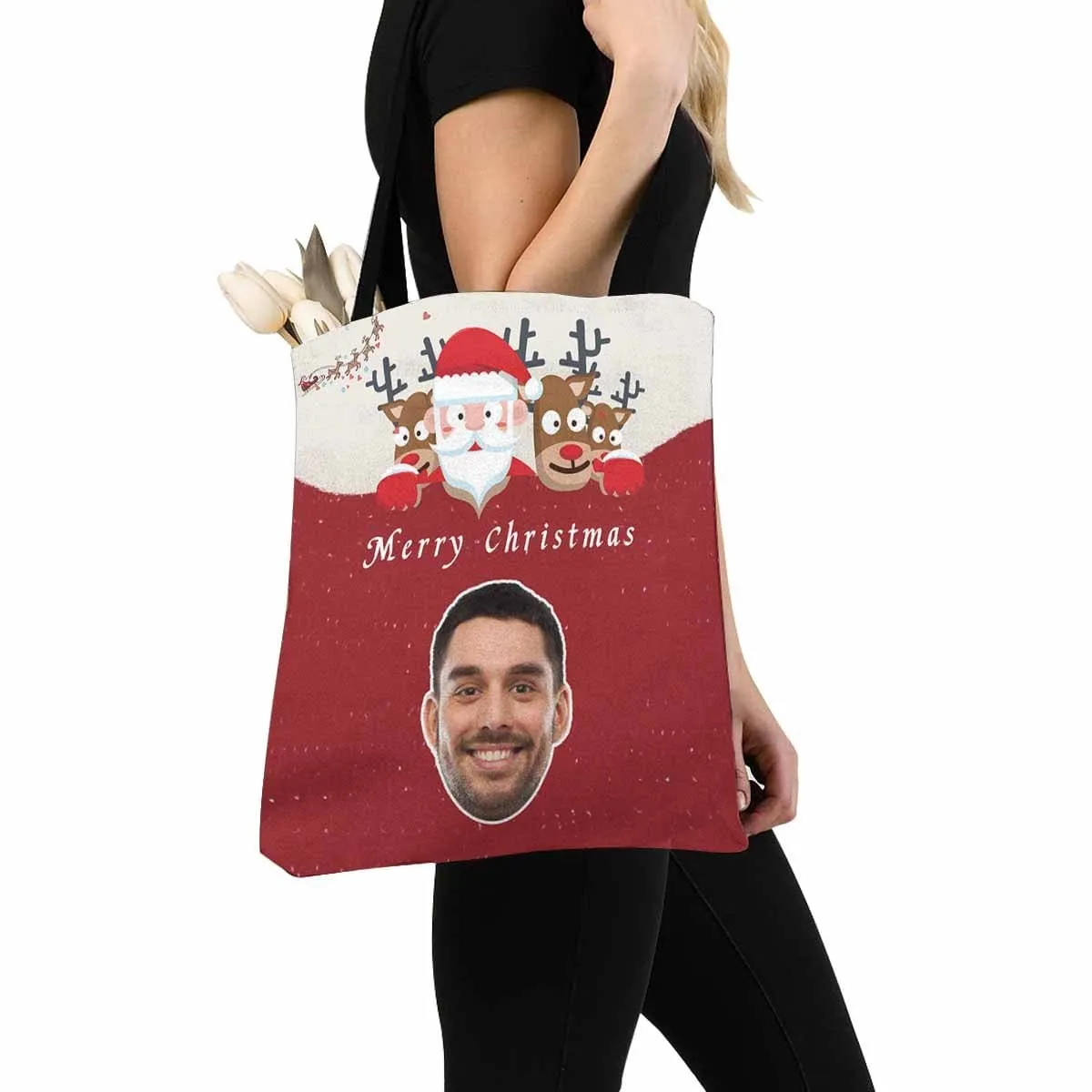 Custom Face Christmas Red Canvas Tote Bag