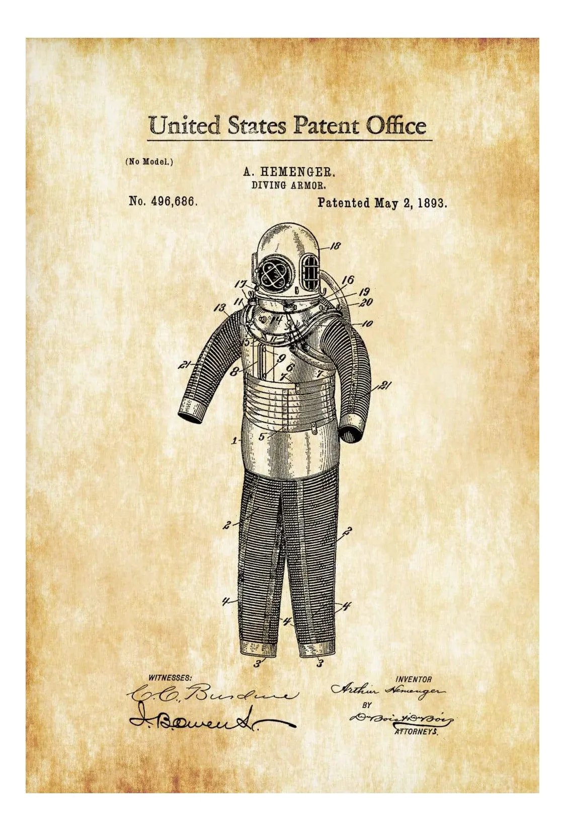 Diving Armor Patent 1893 - Patent Print, Wall Decor, Diver Gift, Scuba Gift, SCUBA Diver, Deep Sea Diver, Nautical Decor, Beach House Decor