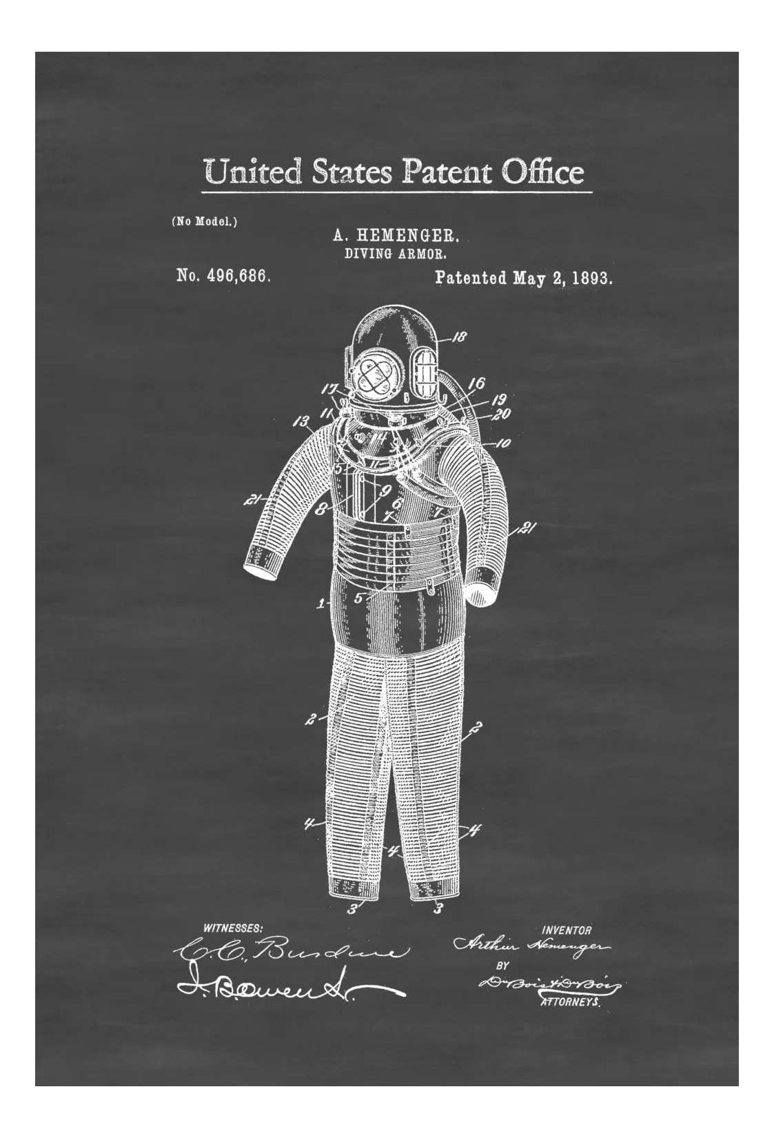 Diving Armor Patent 1893 - Patent Print, Wall Decor, Diver Gift, Scuba Gift, SCUBA Diver, Deep Sea Diver, Nautical Decor, Beach House Decor