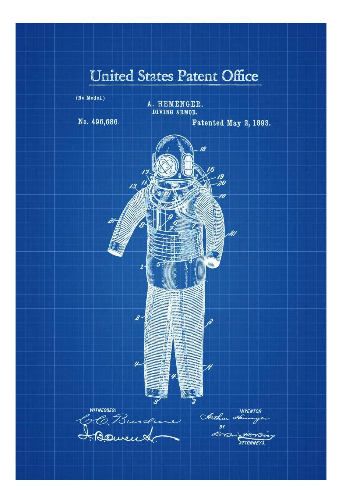 Diving Armor Patent 1893 - Patent Print, Wall Decor, Diver Gift, Scuba Gift, SCUBA Diver, Deep Sea Diver, Nautical Decor, Beach House Decor