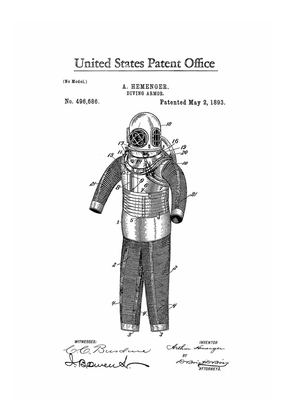 Diving Armor Patent 1893 - Patent Print, Wall Decor, Diver Gift, Scuba Gift, SCUBA Diver, Deep Sea Diver, Nautical Decor, Beach House Decor