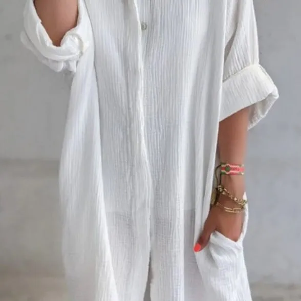 DUNNMALL Cross Border Summer New Independent Station  Long Shirt Women's Cotton Linen Loose Solid Color Pocket Shirt Dress