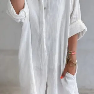 DUNNMALL Cross Border Summer New Independent Station  Long Shirt Women's Cotton Linen Loose Solid Color Pocket Shirt Dress