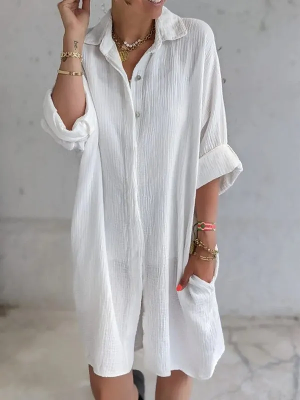 DUNNMALL Cross Border Summer New Independent Station  Long Shirt Women's Cotton Linen Loose Solid Color Pocket Shirt Dress