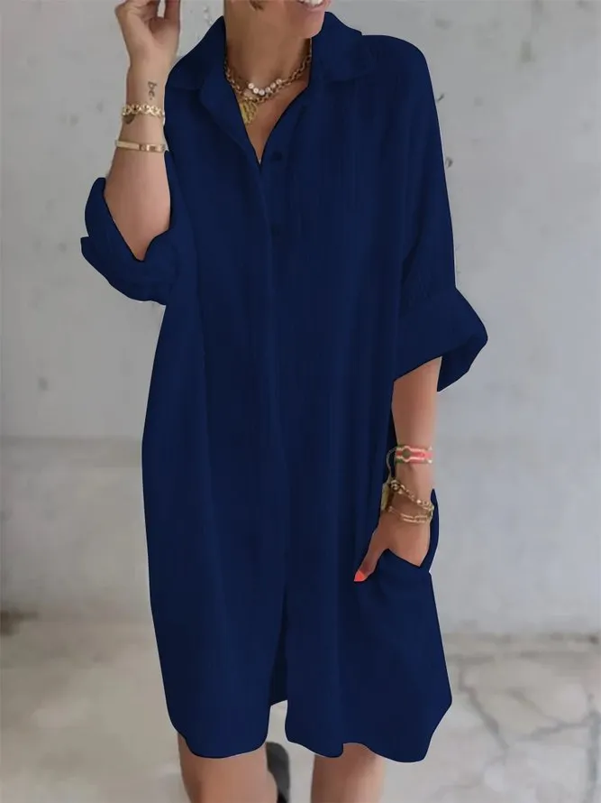 DUNNMALL Cross Border Summer New Independent Station  Long Shirt Women's Cotton Linen Loose Solid Color Pocket Shirt Dress