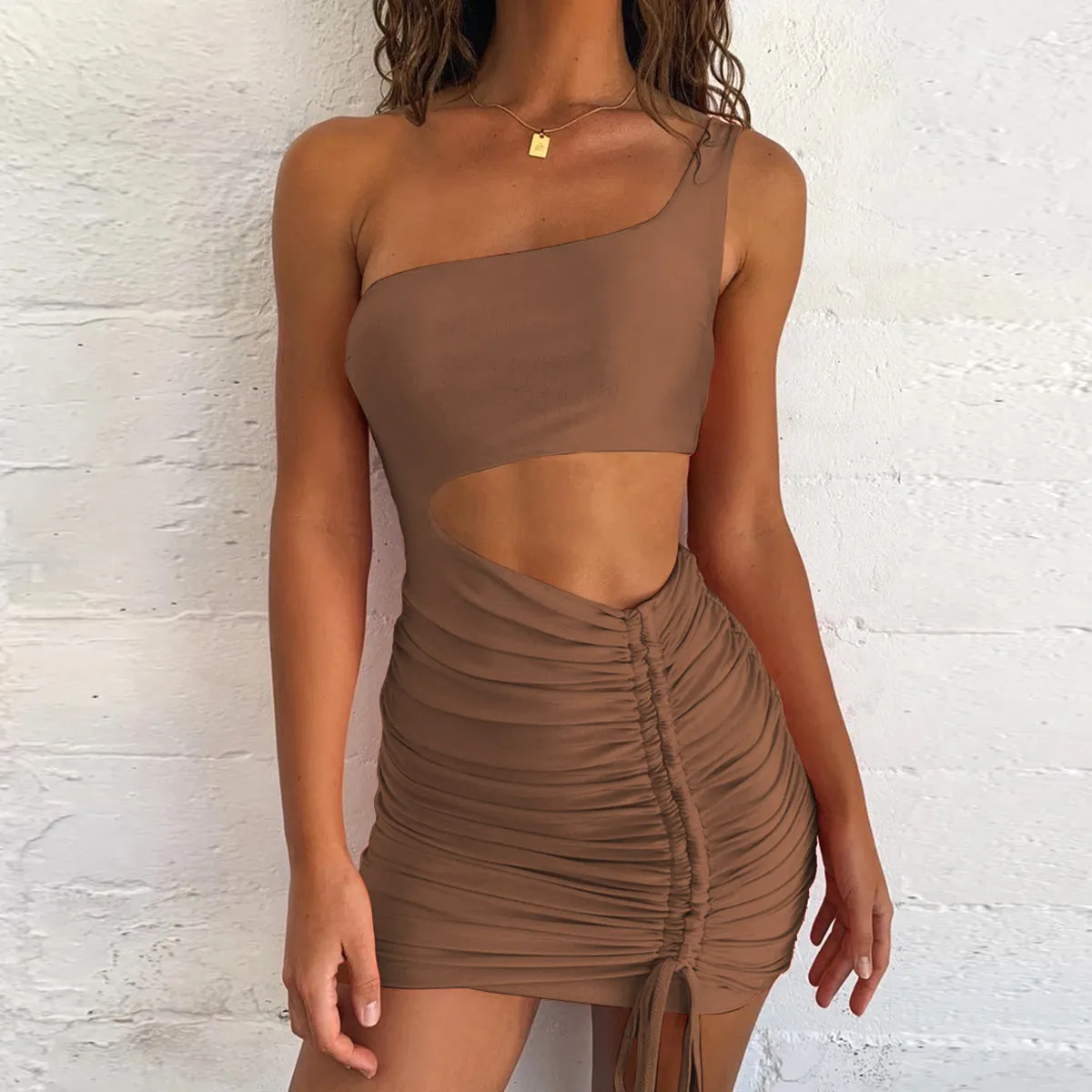 DUNNMALL  Summer  European and American Sexy Lace-up Cutout Women's Dress  EBay Cross-Border Hip Bag Crimp Women's Clothing