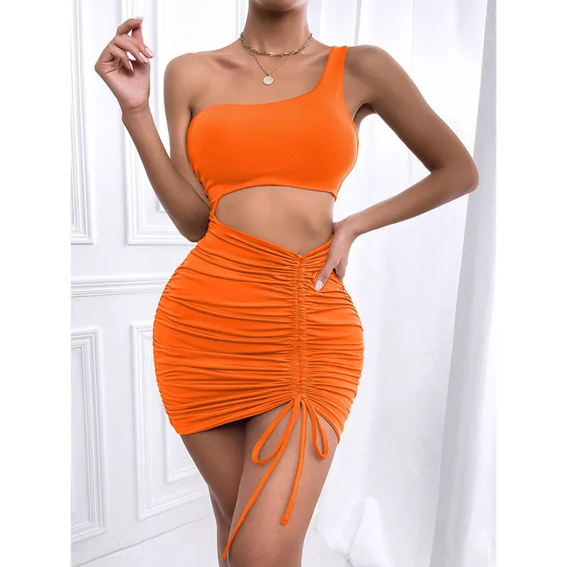 DUNNMALL  Summer  European and American Sexy Lace-up Cutout Women's Dress  EBay Cross-Border Hip Bag Crimp Women's Clothing