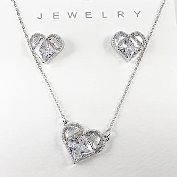 Elegant Mix CZ Setting Delicate Heart Earring Necklace Brass Set