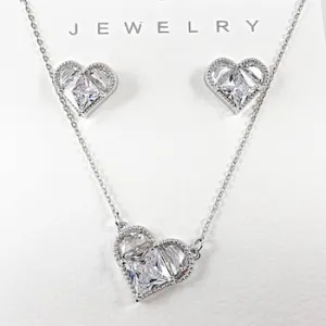 Elegant Mix CZ Setting Delicate Heart Earring Necklace Brass Set