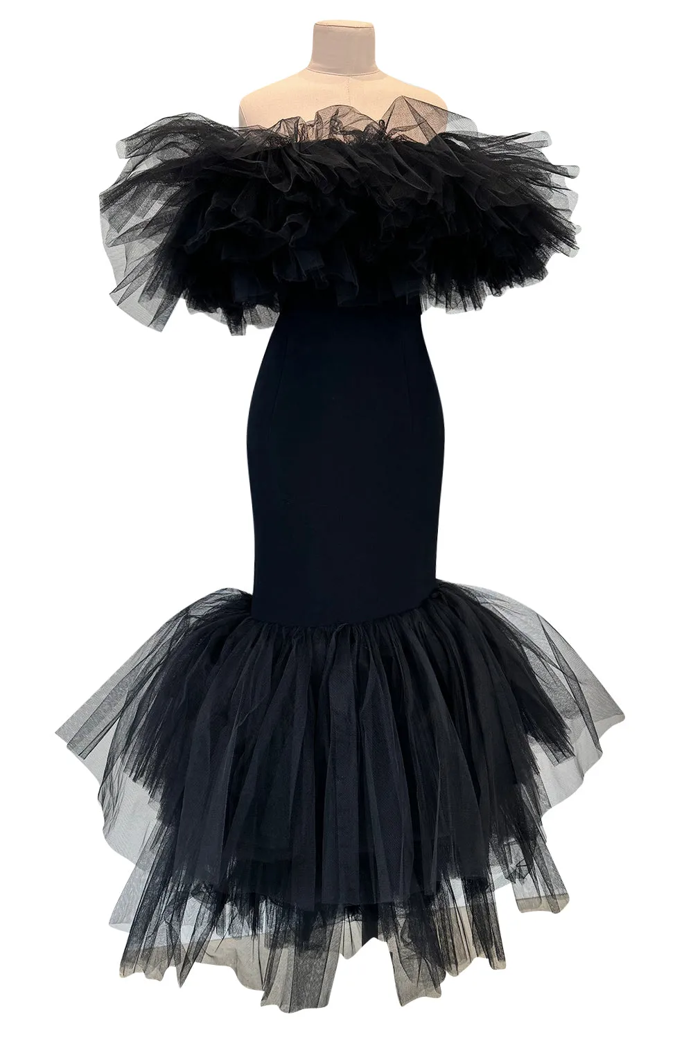 Fall 2020 Alessandra Rich Runway Look 22 in Black Strapless Dress w Tulle Bodice & Hem