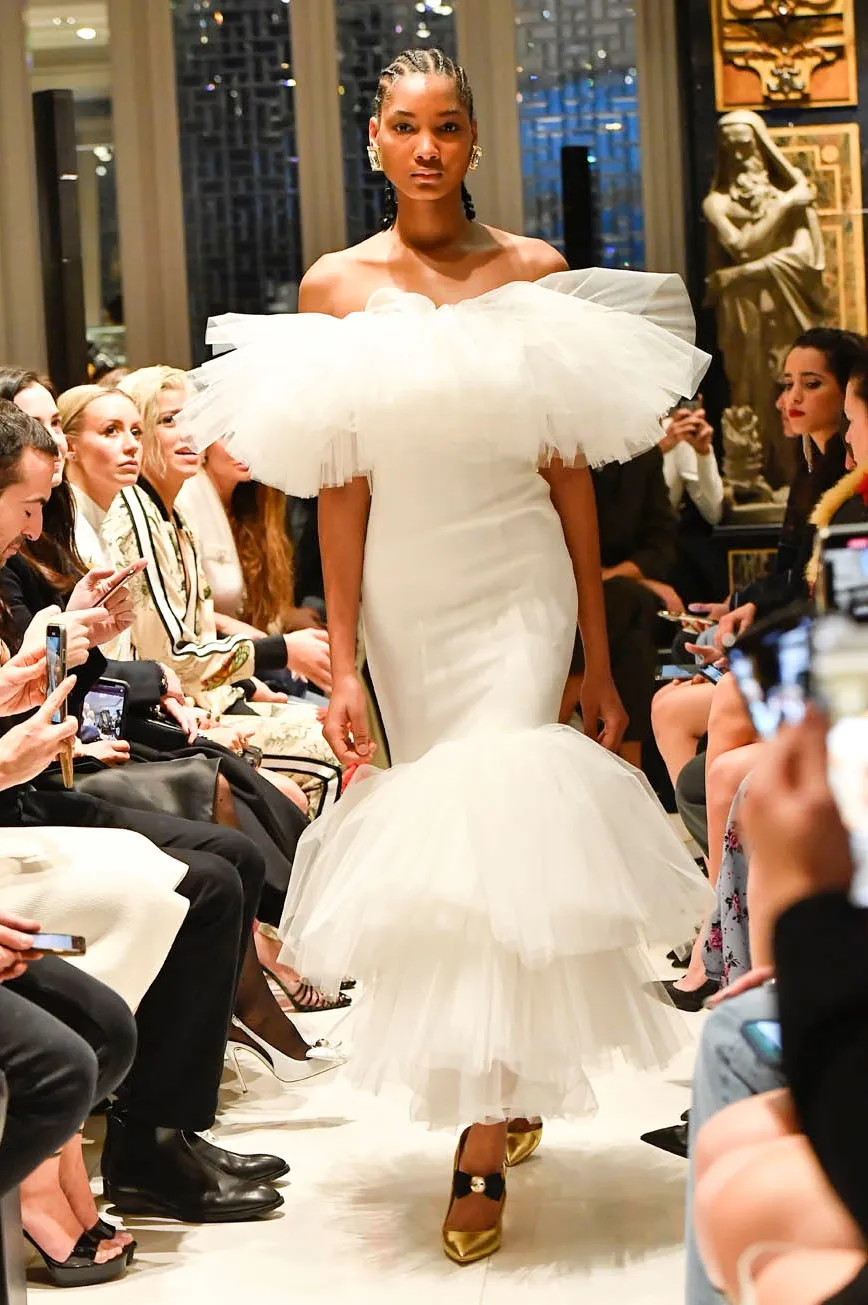 Fall 2020 Alessandra Rich Runway Look 22 in Black Strapless Dress w Tulle Bodice & Hem