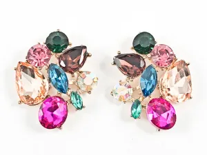 Fancy Beautiful Mix Shape Pattern Design Multi Color Crystal Gold Tone Fashion Earrings