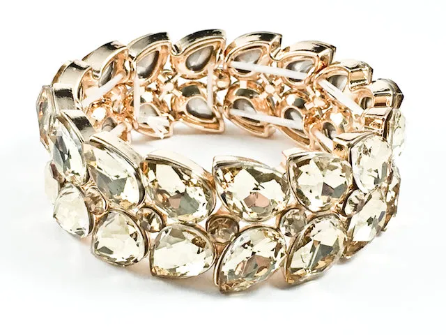 Fancy Stylish Large Pear Shape Champagne Color Crystals Gold Tone Stretch Fashion Bracelet