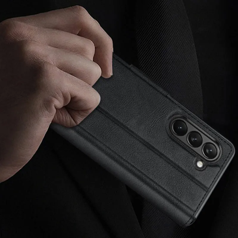 Faux Leather Phone Case for Galaxy Z Fold 2/3/4/5/6 with Kickstand Hinge Prctection